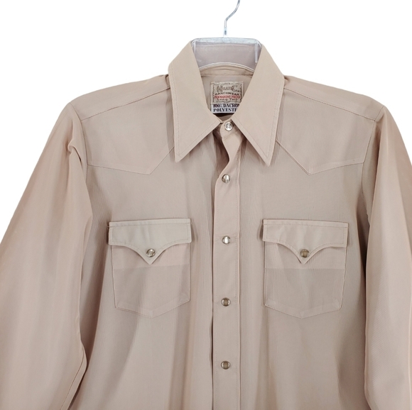 COPY Vtg H Bar C Shirt Men 15 1/2 Long Tail Slim Pearl Snap Tan Dacron Polyester - Picture 6 of 12